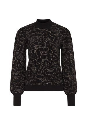 Črn pulover z cvetličnim vzorcem v metalnem niti. Visok ovratnik, dolgi rokavi in rebrasti manšeti. Mehka pletenina.
