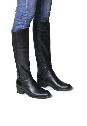 Black leather knee-high boots with a side zipper, rectangular heel, and buckle detail. Smooth texture and sleek silhouette.