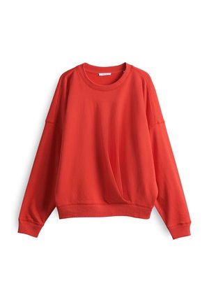 Red sweatshirt made of soft fabric, featuring a round neckline, dropped shoulders, and ribbed cuffs for a relaxed fit.