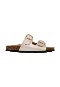 Sandalia deslizante blanca con dos correas ajustables, hebillas doradas, una plantilla de corcho y una suela exterior de goma negra. Textura suave con un diseño minimalista.