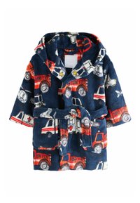 Kinder-Fleece-Bademantel mit navyfarbenem Hintergrund und bunten Mustern von Feuerwehrautos und Fahrzeugen, Kapuze, Bindegürtel und zwei Fronttaschen.