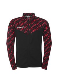 Zwarte jas met een rood en zwart zigzagpatroon bovenaan. Heeft een hoge kraag en een volledige rits. "uhlsport" logo op de borst.