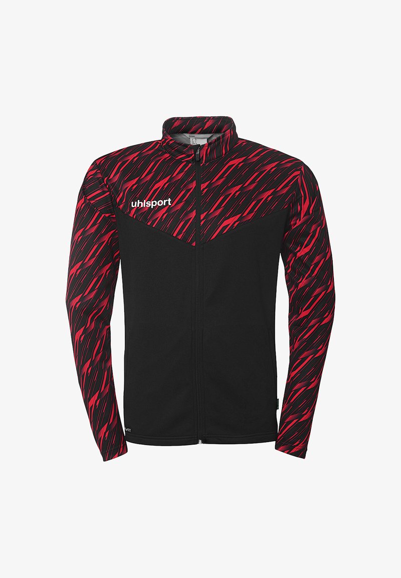 Zwarte jas met een rood en zwart zigzagpatroon bovenaan. Heeft een hoge kraag en een volledige rits. "uhlsport" logo op de borst.