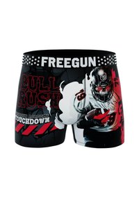 Boxer-briefs avec une taille noire portant l'inscription "FREEGUN", mettant en avant une illustration de joueur de football, le texte "BULL RUSH", et des couleurs rouge, blanche et noire.