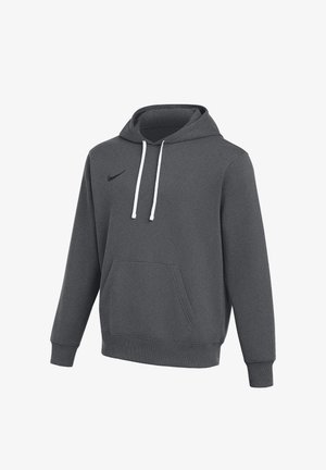 Sudadera con capucha Nike de color gris oscuro con cordones blancos, bolsillo canguro, puños acanalados y un pequeño logotipo negro de Nike en el pecho.