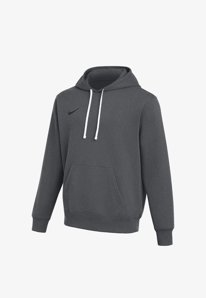 Donkergrijze Nike-hoodie met witte trekkoorden, kangaroozak, geribbelde manchetten en een klein zwart Nike Swoosh-logo op de borst.