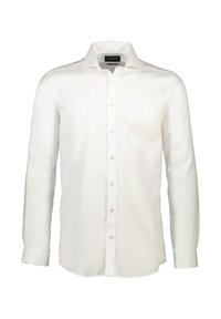 Witte longsleeve shirt van gladde stof, met een klassieke kraag, knoopsluiting aan de voorkant en een ronde zoom met zichtbare knopen.