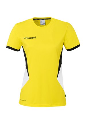 Gul atletisk T-shirt med korte ærmer, sort kant på ærmerne, sorte og hvide sidepaneler og "uhlsport"-logo på brystet.