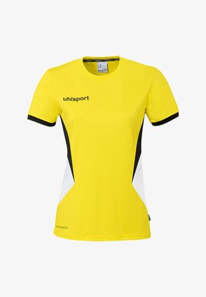 T-shirt de sport à manches courtes jaune avec bordure noire sur les manches, panneaux latéraux noir et blanc, et logo "uhlsport" sur la poitrine.