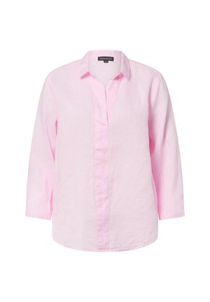 Hellrosa, langärmliges Hemd mit Knöpfen, Kragen, verdeckten Frontknöpfen und lockerem Schnitt, dargestellt auf weißem Hintergrund.
