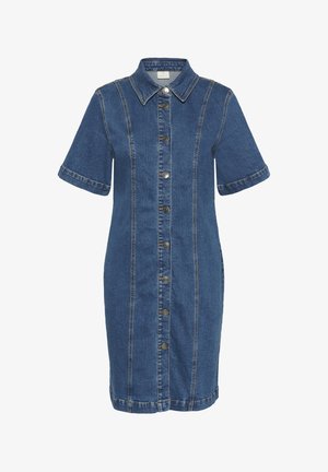 Farmering ingruha rövid ujjakkal, galléros nyakkal, elülső gombos zárással és függőleges varrással. Klasszikus kék szín, sima textúrával.