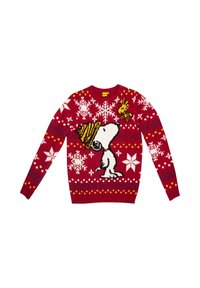 Roter Strickpullover mit einem weißen Cartoon-Hund und einem gelben Vogel, Schneeflockenmuster und Zickzackdesigns in blauen und gelben Akzenten.