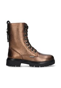 Bronze metalliske kamp støvler med en tekstureret finish, sorte snørebånd og en kraftig sort gummisål. Har en sidezipper for nem påklædning.