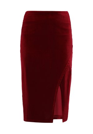 Samettinen burgundinpunainen kynähame, jossa on sivuhalkio ja sileä pinta. Tyylikäs ja vartalonmyötäinen siluetti.