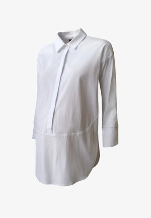 White maternity shirt with a collared neck, button-down front, long sleeves, and rounded hem. Made of lightweight, soft fabric.