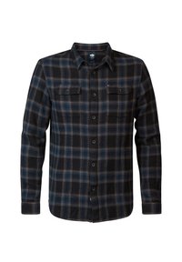 Chemise homme à manches longues avec boutons, motif à carreaux bleu et noir, deux poches poitrine boutonnées et col.