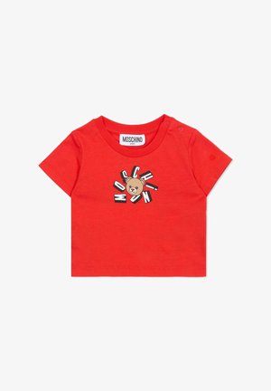 Rood katoenen baby-T-shirt met een berenafbeelding en de tekst "Moschino", korte mouwen en drukknoopjes op de schouder voor makkelijk aankleden.