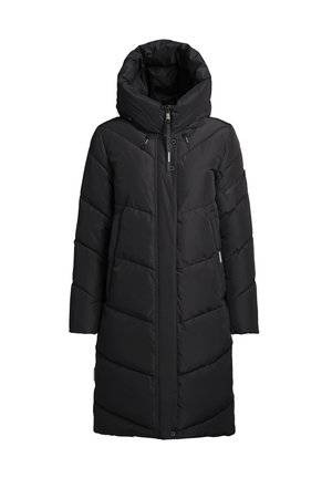Zwarte pufferjas met capuchon, voorzien van een doorgestikt ontwerp, ritssluiting en trekkoordaccenten. Lange mouwen en middellange lengte.