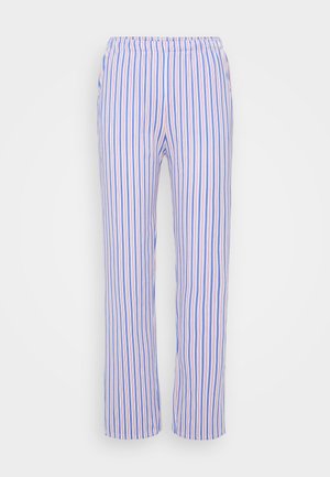 Striped pants featuring vertical patterns in blue, pink, and white, with an elastic waistband and a loose fit, made from lightweight fabric.