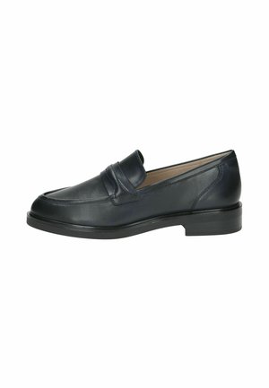 Mocassin en cuir bleu marine avec un bout arrondi, texture lisse, bande décorative à l'avant et semelle noire basse. Design simple et classique.