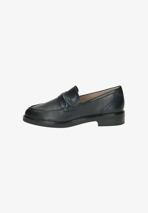 Marinemarine leren loafers met een ronde neus, een gladde textuur, een decoratieve band over de voorkant en een lage zwarte zool. Eenvoudig en klassiek ontwerp.