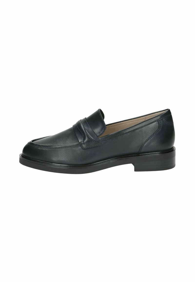 Tumed nahast loafers, ümmarguse varbaga, sileda tekstuuri ja dekoratiivse riba ees, madala musta tallaga. Lihtne ja klassikaline disain.