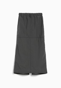 Dunkelgrauer Rock aus leichtem, strukturiertem Stoff. Verfügt über einen elastischen Bund und einen geraden Schnitt mit sichtbaren Nahtlinien.