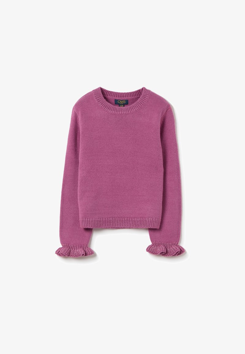 Pull en maille violet à manches longues avec encolure ronde et poignets à volants, posé à plat sur fond blanc.