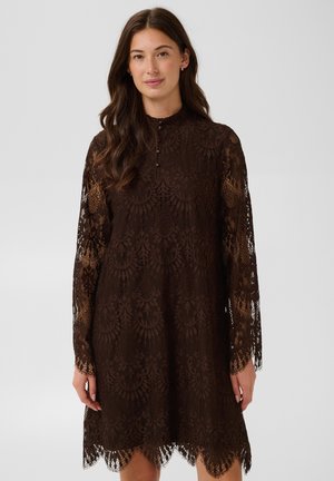 Femme aux longs cheveux foncés portant une robe en dentelle brun foncé à manches longues, col montant et ourlet festonné sur un fond clair uni.