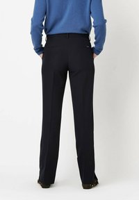 Navy tailored trousers with a straight fit, featuring a smooth texture, side pockets, and belt loops, paired with a blue sweater.