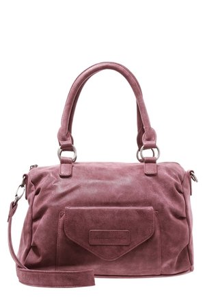 Stoffen handtas in stofroze suède met twee handvatten, voorvak met klep en afneembare schouderriem, rechthoekige vorm met zachte structuur.