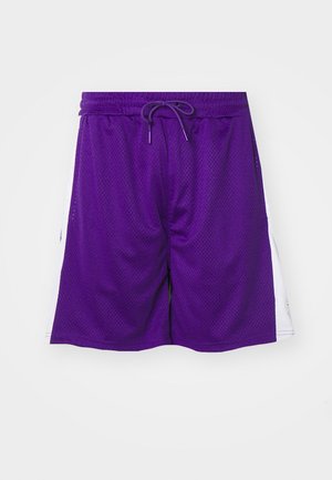 Pantaloni sportivi in rete viola con vita regolabile, dotati di pannelli laterali bianchi e una vestibilità ampia per il massimo comfort.