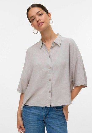 Light gray linen shirt with a button-down front, short sleeves, and a pointed collar. Features a relaxed fit and a subtle texture.