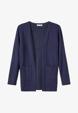 Cardigan bleu marine ouvert sur le devant, manches longues et deux poches plaquées devant, en tissu maille doux.