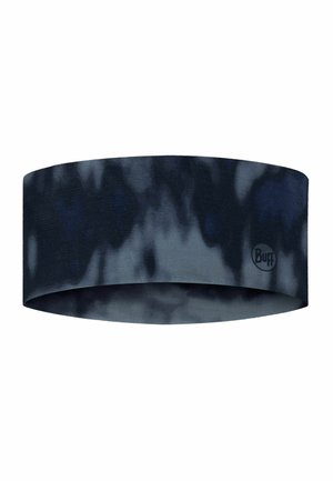 Dark blue and gray tie-dye fabric headband with a small round Buff logo on one side, designed for sports or casual wear.