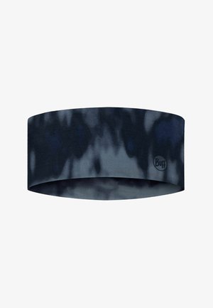Dunkelblaues und graues Batik-Stoffstirnband mit kleinem rundem Buff-Logo auf einer Seite, für Sport oder Freizeit gestaltet.