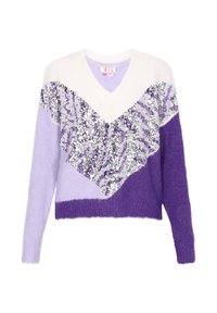 Lila und Lavendel Pullover mit V-Ausschnitt, ausgestattet mit einem geometrischen Paillettenmuster in Silber, weichem Material und kontrastierendem Rippbund.