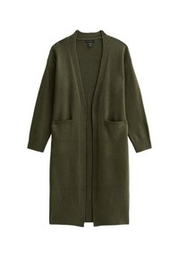Cardigan lungo verde oliva, realizzato in tessuto morbido, con apertura frontale, due tasche e polsini e orlo a costine.