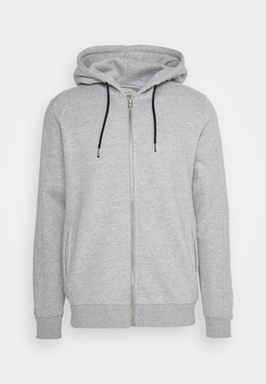 Šedá mikina na zip s kapucí na stahovací šňůrku, vyrobená z měkké tkaniny. Má boční kapsy, žebrované manžety a hladký zip.