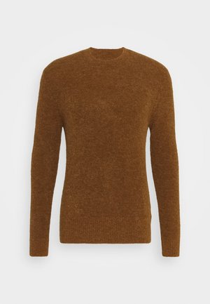 Brauner, langärmliger Pullover aus strukturiertem Strickmaterial mit rundem Halsausschnitt und gerippten Details an den Bündchen und dem Saum.
