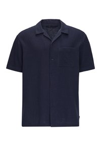 Korte mouwen, navy button-up overhemd van een gestructureerde stof met een kraag en een borstzak aan de linkerkant. Regular fit met knopen aan de voorkant.