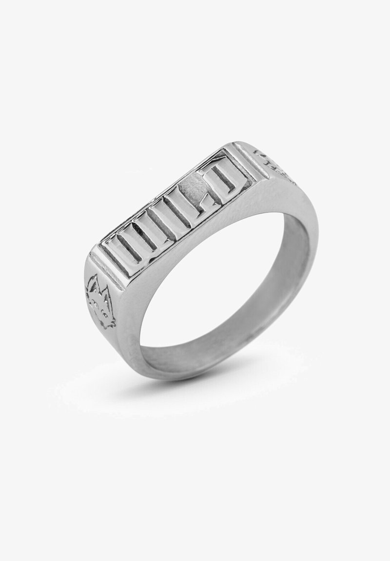 Silver metal ring with a rectangular top featuring engraved lettering and a small cat design on the side. Smooth, polished surface.