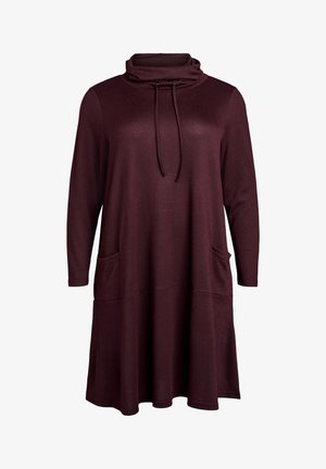 Bordeaux lange jurk met een sjaalkraag, trekkoordaccenten, zijzakken en een losse pasvorm, gemaakt van zachte, gestructureerde stof.