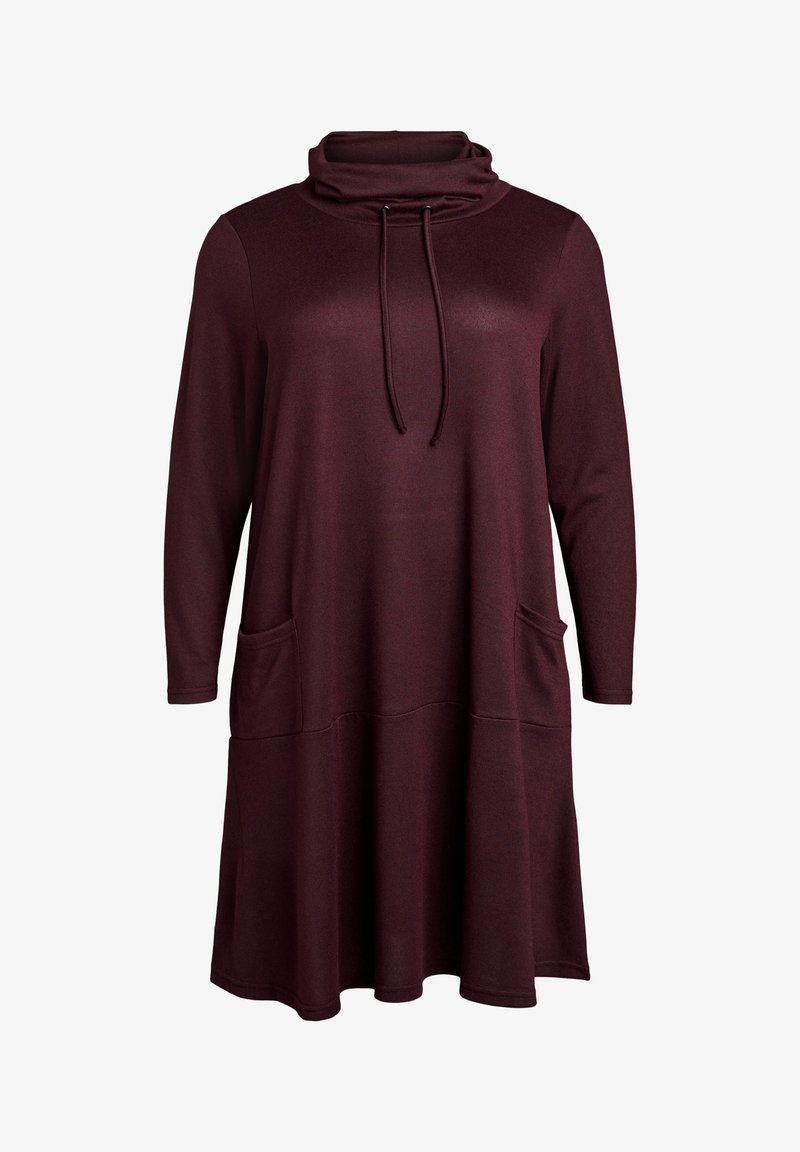 Bordo uska haljina dugih rukava s kapuljačom, detaljima s učvršćivačem, bočnim džepovima i opuštenim krojem, izrađena od meke, teksturirane tkanine.