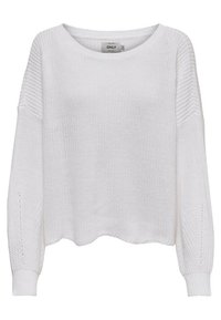 Pull en tricot blanc avec un col rond, des épaules tombantes, des accents en côtes texturées et des découpes le long des manches.