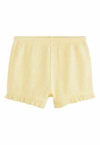 Shorts jaunes côtelés avec une taille élastique, présentant des ourlets volantés. Fabriqués dans un matériau doux, idéaux pour un usage décontracté.
