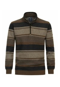 Langsleeve trui met een ritskraag, voorzien van horizontale strepen in bruin, beige en marineblauw. Gemaakt van geribbelde textuurstof.