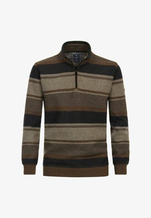 Sweter z długimi rękawami z zamkiem przy kołnierzu, w poziome paski w kolorze brązowym, beżowym i granatowym. Wykonany z teksturowanej tkaniny prążkowanej.