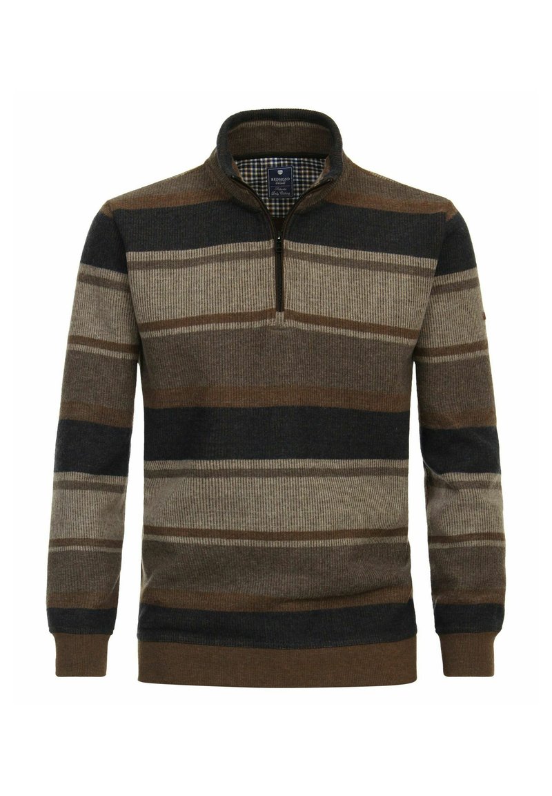 Langsleeve trui met een ritskraag, voorzien van horizontale strepen in bruin, beige en marineblauw. Gemaakt van geribbelde textuurstof.