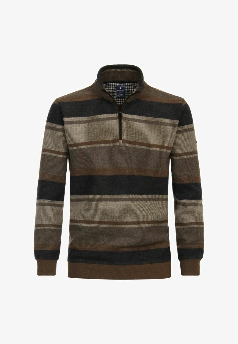 Langsleeve trui met een ritskraag, voorzien van horizontale strepen in bruin, beige en marineblauw. Gemaakt van geribbelde textuurstof.